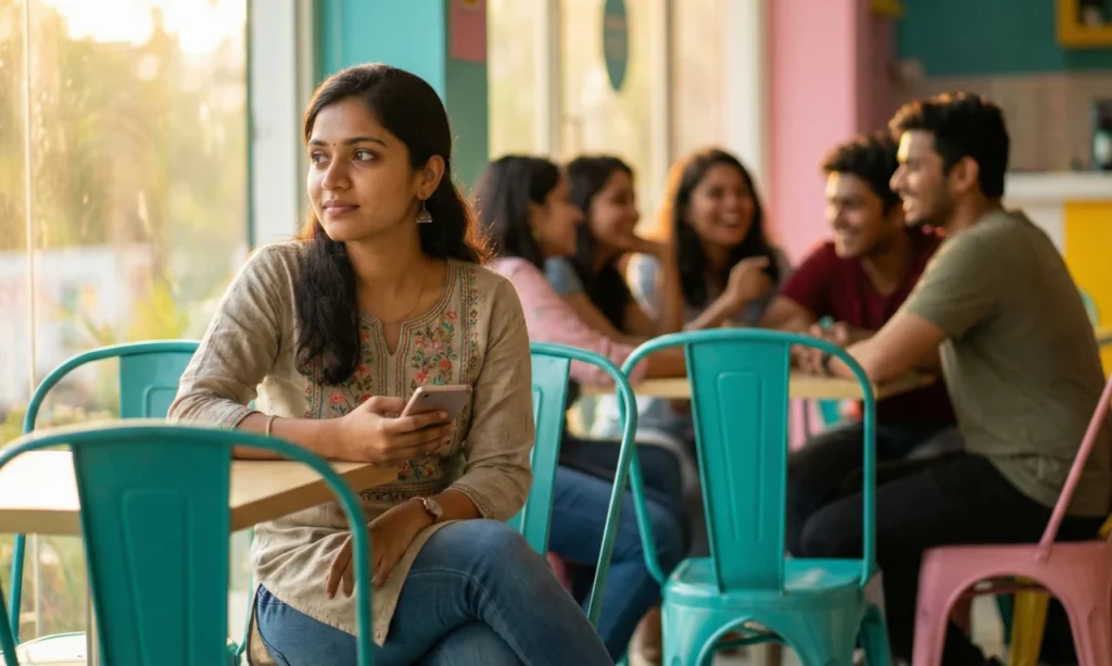 కాఫీ షాప్లో కూర్చొని ఫోన్ చేతిలో పట్టుకుని, వెనుక నవ్వుతూ మాట్లాడుతున్న స్నేహితుల మధ్య ఒంటరితనం అనుభవిస్తున్న యువతి