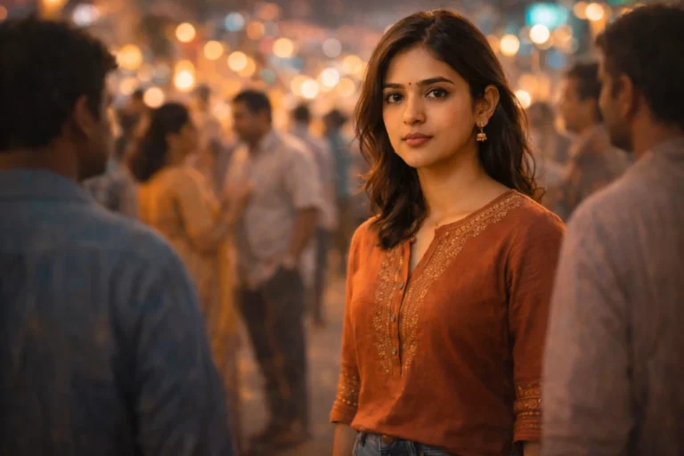 జనంతో నిండిన వేడుక వాతావరణంలో నిలబడి, చుట్టూ ఉన్న చూపుల మధ్య ఆలోచనల్లో మునిగిన యువతి