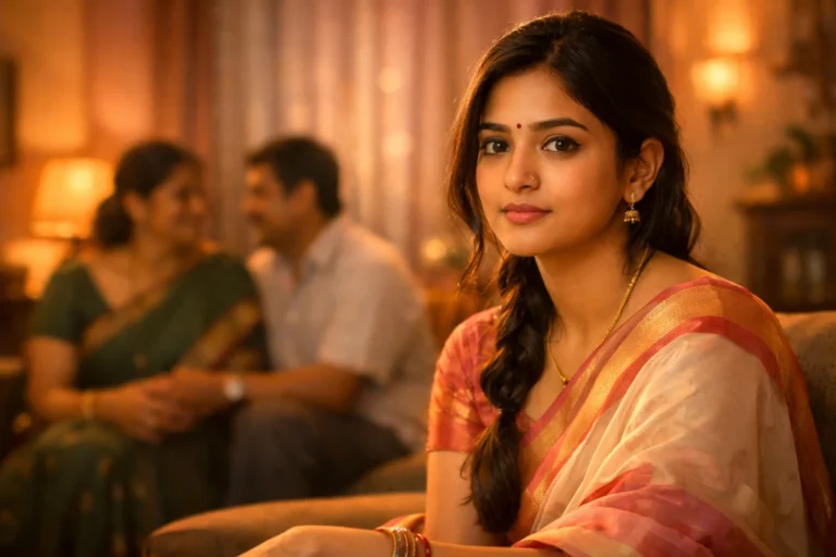 ఇంట్లో సంప్రదాయ దుస్తుల్లో కూర్చున్న యువతి ముఖంలో మౌన భావం, వెనుక మాట్లాడుకుంటున్న తల్లిదండ్రులు కనిపిస్తున్న దృశ్యం