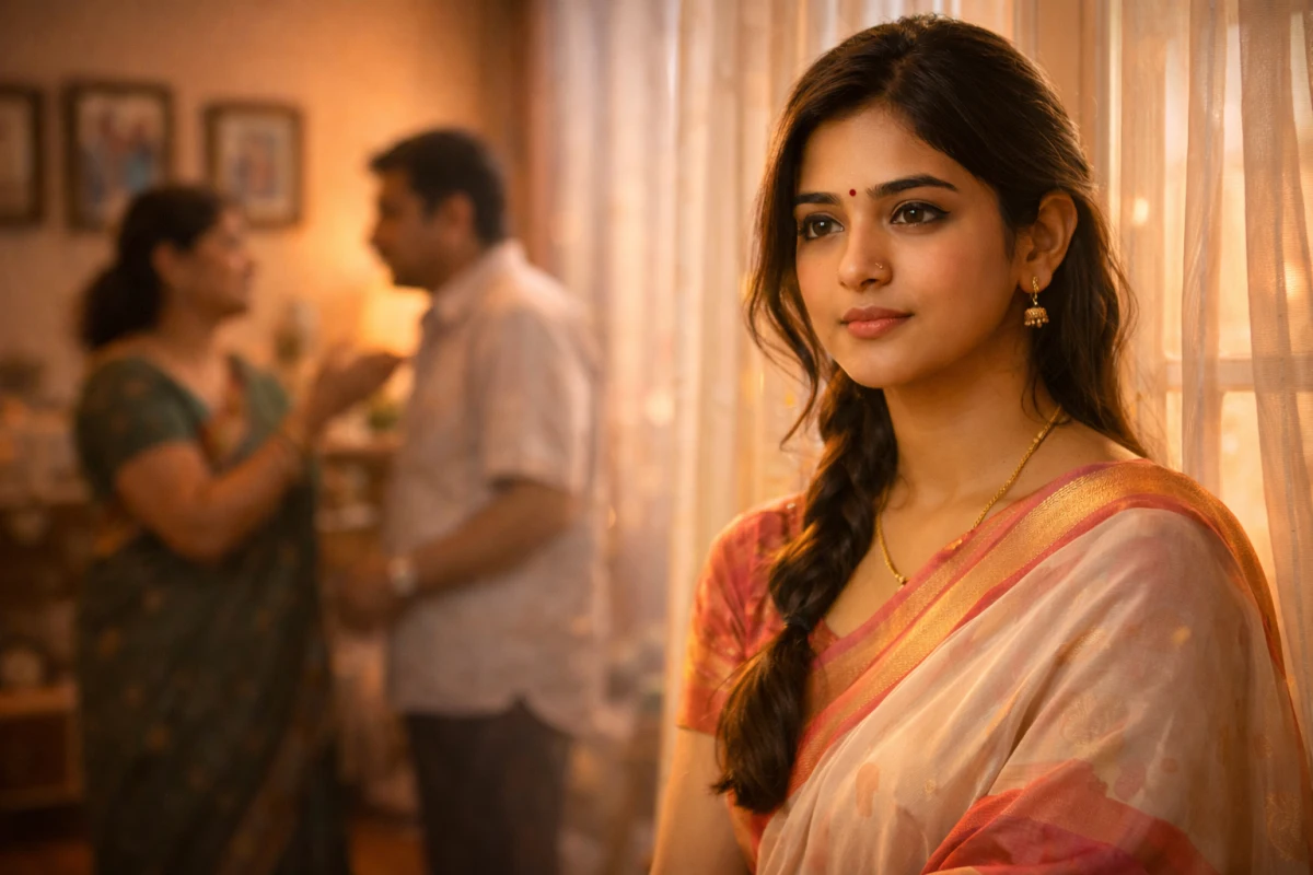 ఇంట్లో సంప్రదాయ చీరలో నిలబడి, ముఖంలో చెప్పలేని భావాలతో ఉన్న యువతి; వెనుక తల్లిదండ్రులు పరస్పరం మాట్లాడుకుంటున్న దృశ్యం