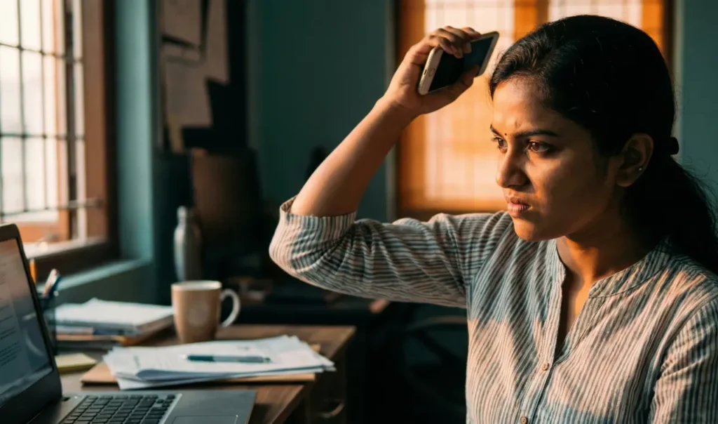 డెస్క్ వద్ద కూర్చొని చేతిలో ఫోన్ పైకి ఎత్తి, కోపం అదుపు తప్పబోతున్న ముఖభావంతో ఉన్న మహిళ
