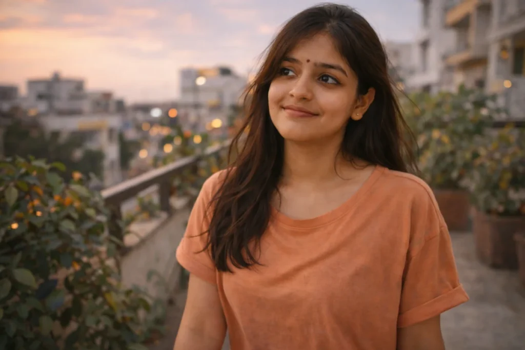 బాల్కనీలో నిలబడి సాయంత్రపు ఆకాశాన్ని చూస్తూ, తనపై తానే నమ్మకం పెంచుకుంటున్న భావంతో ఉన్న యువతి