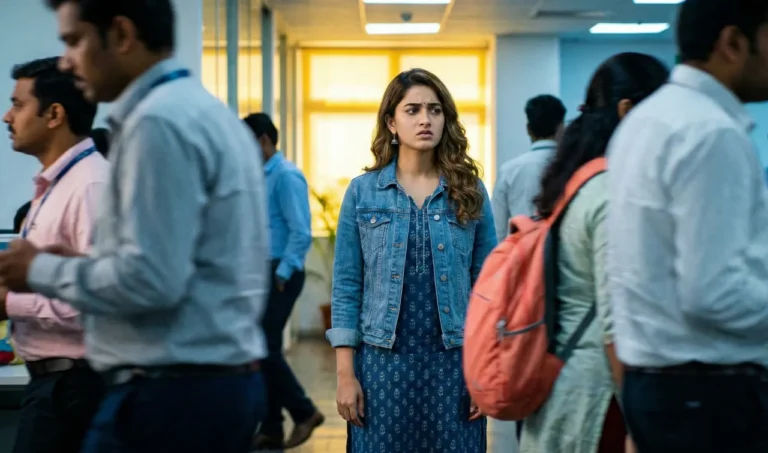 ఆఫీస్ కారిడార్‌లో జనాల మధ్య నిలబడి, చుట్టూ ఉన్నవాళ్లతో కలవలేక ఒంటరితనంగా కనిపిస్తున్న యువతి