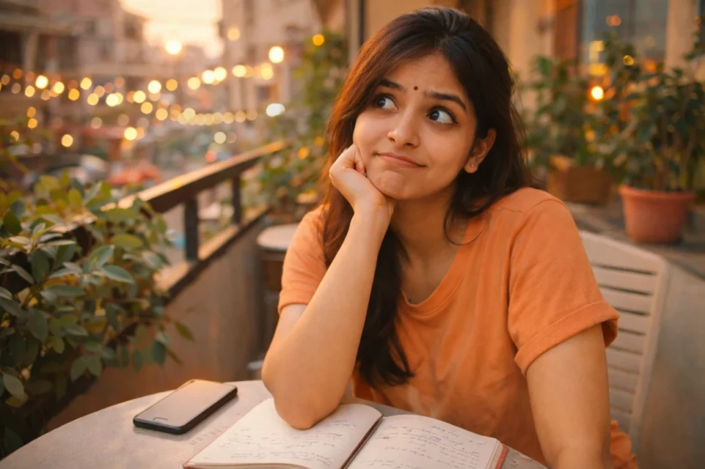 బాల్కనీలో కూర్చొని డైరీ ముందుంచి, ఏదో నిర్ణయం గురించి ఆలోచిస్తూ ముఖం మీద సందేహభావం చూపుతున్న యువతి