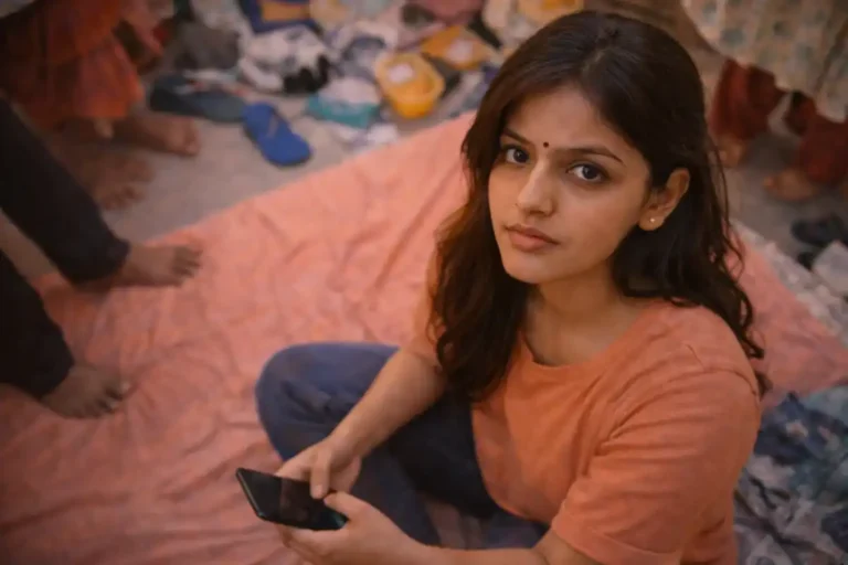 ఇంట్లో నేలపై కూర్చొని ఫోన్ చేతిలో పెట్టుకుని, చుట్టూ ఉన్న కదలికల మధ్య అస్థిరమైన చూపుతో ఉన్న యువతి