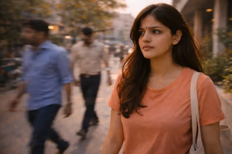 వీధిలో నడుచుకుంటూ జనాల మధ్య కనిపిస్తున్నా, లోపల ఖాళీ భావంతో ముందుకు చూస్తున్న యువతి