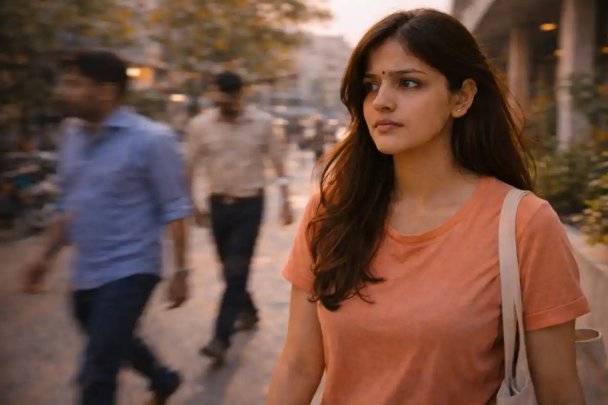 వీధిలో నడుచుకుంటూ జనాల మధ్య కనిపిస్తున్నా, లోపల ఖాళీ భావంతో ముందుకు చూస్తున్న యువతి