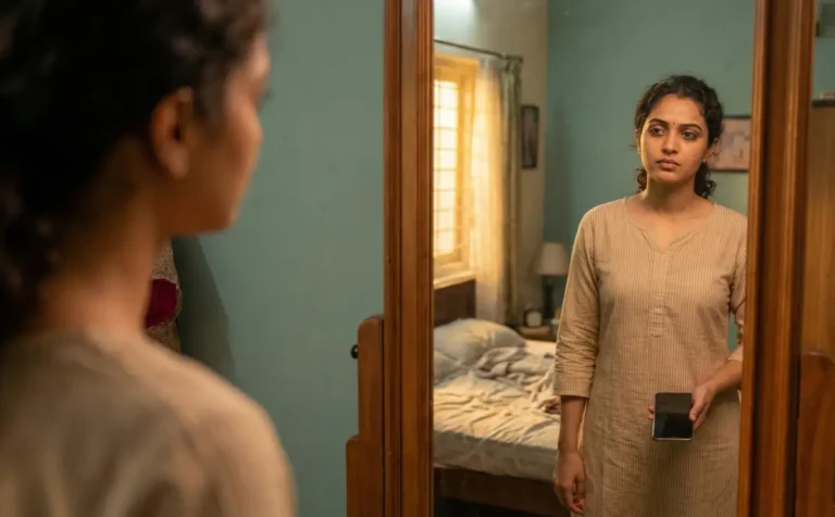 అద్దంలో తననే తాను చూస్తూ, చేతిలో ఫోన్ పట్టుకుని, లోపల దాచిన నిజాలు గుర్తొస్తున్న యువతి