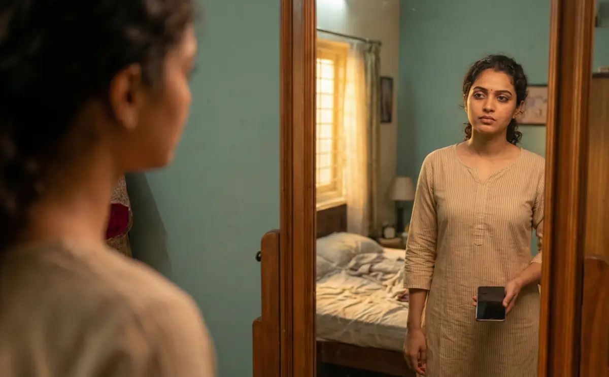 అద్దంలో తననే తాను చూస్తూ, చేతిలో ఫోన్ పట్టుకుని, లోపల దాచిన నిజాలు గుర్తొస్తున్న యువతి