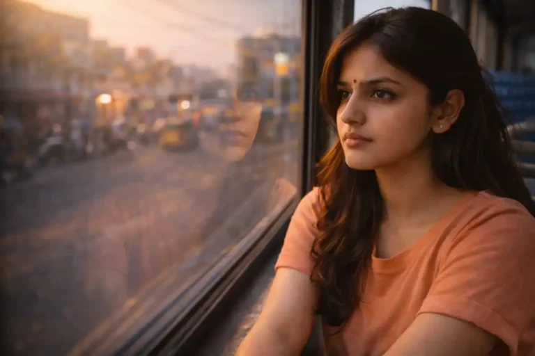 ఆడుకునే స్థలం పక్కన కూర్చొని వెనక్కి తిరిగి చూస్తూ, కళ్లలో అప్రమత్తత కనిపిస్తున్న యువతి