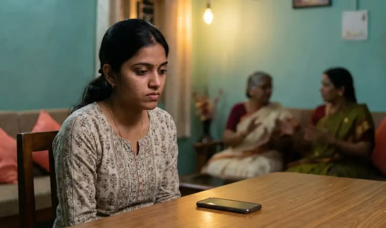 టేబుల్ దగ్గర ఒంటరిగా కూర్చొని ఫోన్‌ను చూస్తూ, వెనుక మాటల మధ్య నిరాశతో మౌనంగా ఉన్న యువతి
