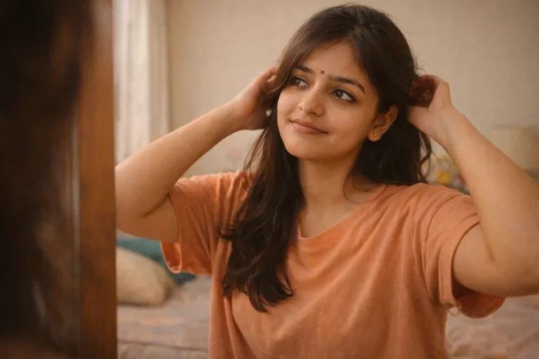 అద్దం ముందు జుట్టు సరిచేసుకుంటూ, ముఖంలో ప్రశాంతమైన ఆత్మవిశ్వాసం కనిపిస్తున్న యువతి