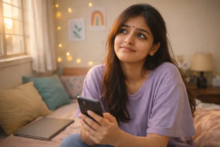 గదిలో మంచంపై కూర్చొని ఫోన్ చేతిలో పట్టుకుని, పైకి చూస్తూ జీవితంపై స్పష్టత లేని భావంలో ఉన్న యువతి