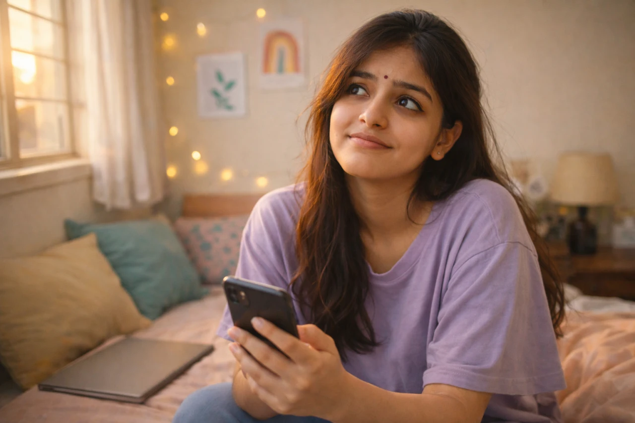 గదిలో మంచంపై కూర్చొని ఫోన్ చేతిలో పట్టుకుని, పైకి చూస్తూ జీవితంపై స్పష్టత లేని భావంలో ఉన్న యువతి