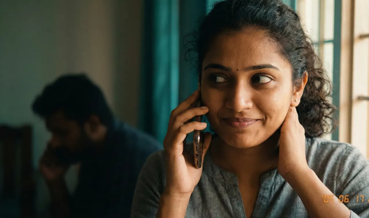 ఫోన్‌లో మాట్లాడుతూనే పక్క చూపుతో స్పందిస్తూ, ముఖంలో సూక్ష్మమైన భావ మార్పు కనిపిస్తున్న మహిళ