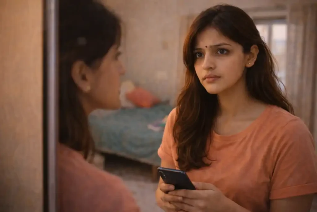 అద్దం ముందు నిలబడి ఫోన్ చూస్తూ, తననే తాను ప్రశ్నిస్తున్న భావంతో ఉన్న యువతి