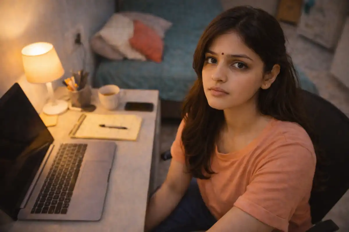 గదిలో డెస్క్ వద్ద కూర్చొని ల్యాప్‌టాప్ ముందే ఉన్నా, ముఖంలో శూన్యతతో పైకి చూస్తున్న యువతి