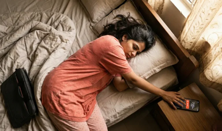 ఉదయం అలారం మోగుతున్నా మంచం వదిలి లేవలేని స్థితిలో, అలసటతో పక్కకు చేతి చాపుతున్న యువతి