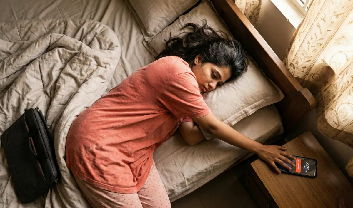 ఉదయం అలారం మోగుతున్నా మంచం వదిలి లేవలేని స్థితిలో, అలసటతో పక్కకు చేతి చాపుతున్న యువతి