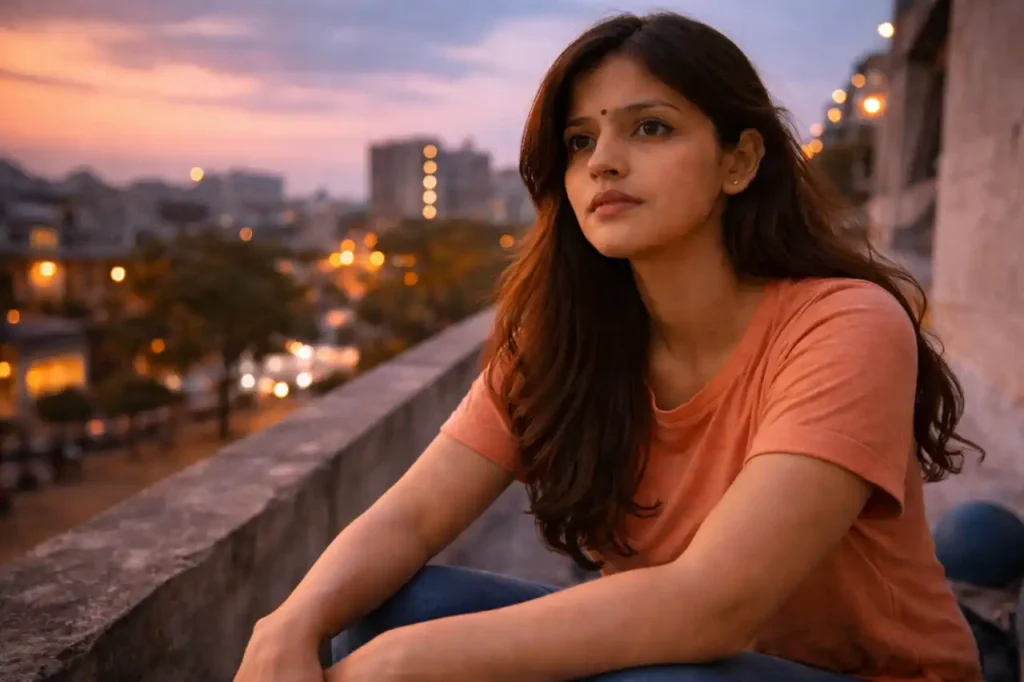 సాయంత్రపు నగర వెలుగుల మధ్య టెర్రస్ మీద కూర్చొని, నిశ్శబ్దంగా ఆలోచనల్లో మునిగిపోయిన యువతి