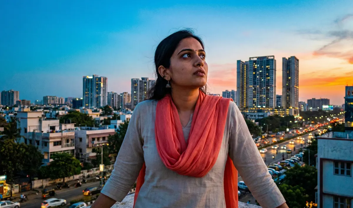 సాయంత్రపు నగర దృశ్యాన్ని ఎత్తైన ప్రదేశం నుంచి చూస్తూ, మనసులో తీరని ఆశలతో నిలబడిన మహిళ