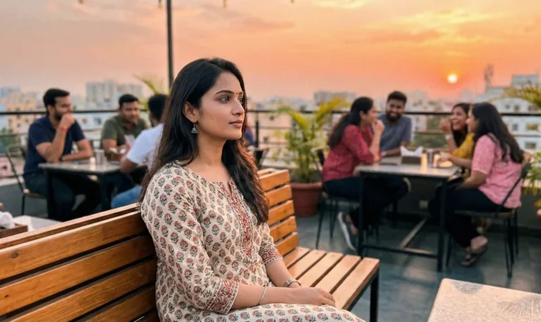 కేఫేలో టేబుల్ దగ్గర ఫోన్ స్క్రీన్‌ను గట్టిగా చూస్తూ, ఏదో ప్రతిస్పందన కోసం ఎదురుచూస్తున్న మహిళ