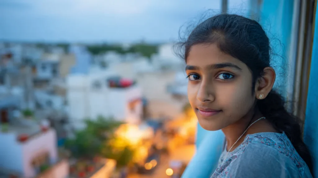 కిటికీ దగ్గర నిలబడి బయట ప్రపంచాన్ని చూస్తూ, కన్నుల్లో అమాయకత్వం కలిసిన ఆలోచనతో ఉన్న బాలిక