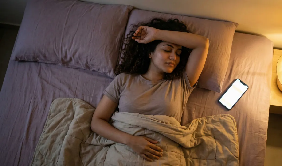 రాత్రి మంచంపై పడుకొని, చేయి నుదుటిపై వేసుకుని నిద్రలోకి జారుతున్నా లోపల బరువుగా ఉన్న భావాలతో ఉన్న యువతి