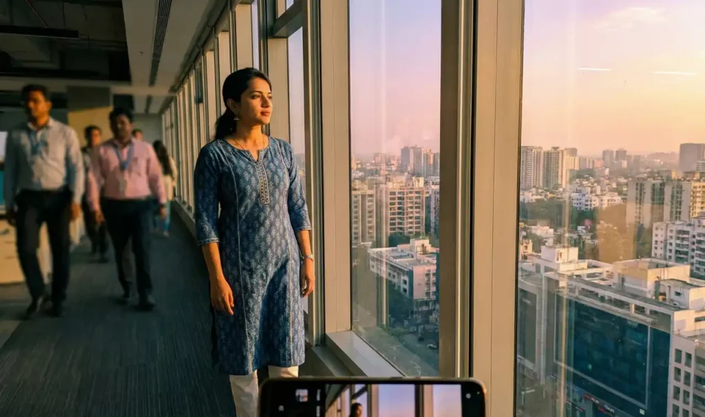 ఆఫీస్ కారిడార్లో కిటికీ దగ్గర నిలబడి నగరాన్ని చూస్తూ, లోపల నిర్ణయాల భారాన్ని మోస్తున్న మహిళ