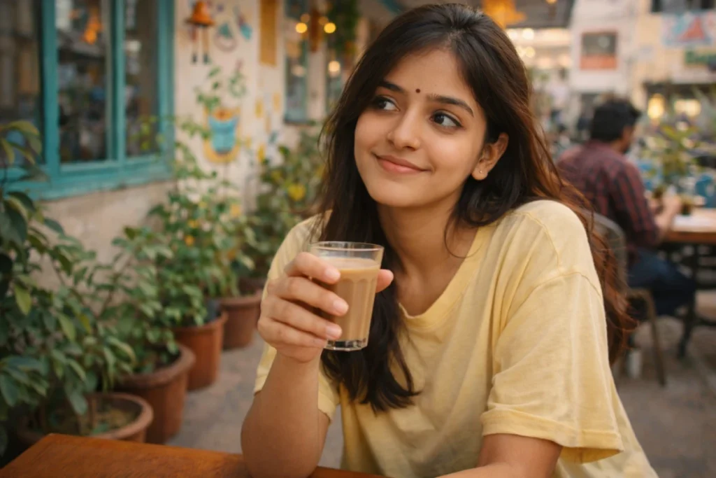 కేఫేలో కూర్చొని చేతిలో టీ గ్లాస్ పట్టుకుని, చుట్టూ ఉన్న గందరగోళం మధ్య తనలో తానే మునిగిపోయిన యువతి