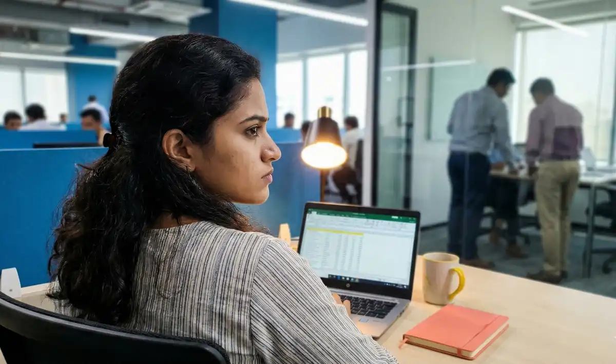 వర్క్ డెస్క్ వద్ద ల్యాప్‌టాప్ ముందు కూర్చొని, పక్కన జరుగుతున్న చర్చలను గమనిస్తూ అసంతృప్తితో ఉన్న మహిళ