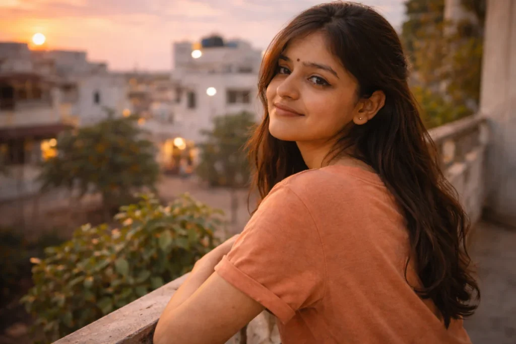 సాయంత్రం వేళ టెర్రస్ గోడకు ఆనుకుని నిలబడి, వెనక్కి తిరిగి చూస్తూ లోపల దాచుకున్న భావాలతో ఉన్న యువతి