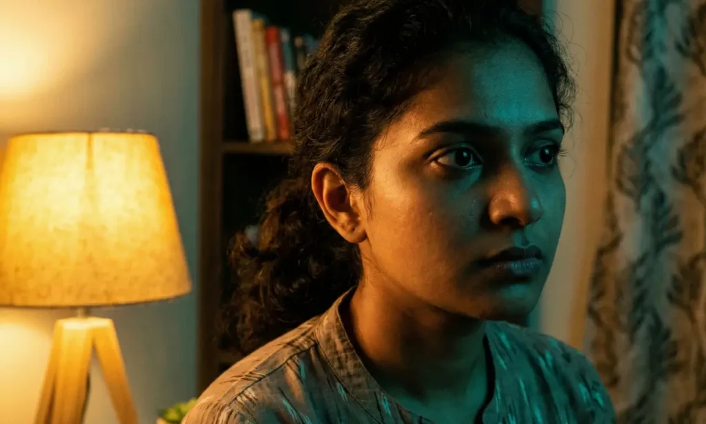 తక్కువ వెలుతురు ఉన్న గదిలో, గంభీరంగా ఆలోచనల్లో మునిగిపోయి, ముఖంపై ఆందోళన స్పష్టంగా కనిపిస్తున్న మహిళ