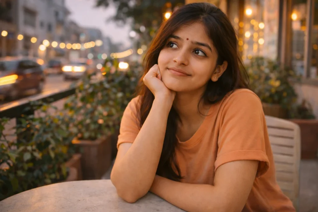 సాయంత్రం కేఫే టేబుల్ వద్ద కూర్చొని, చేతిని గడ్డం కింద పెట్టుకుని నిశ్శబ్దంగా ఆలోచిస్తున్న యువతి