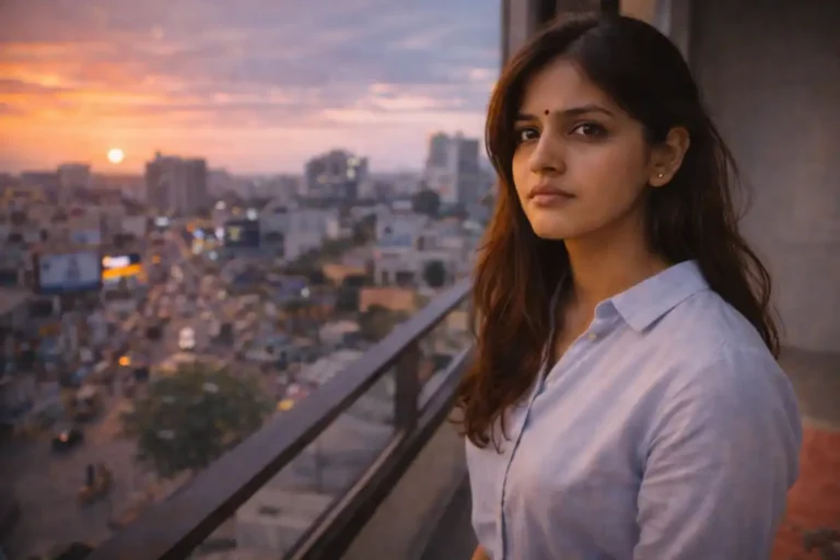 ఎత్తైన బాల్కనీలో నిలబడి నగరాన్ని చూస్తూ, ముఖంలో ఆత్మగౌరవం–సందేహం కలిసిన భావంతో ఉన్న యువతి