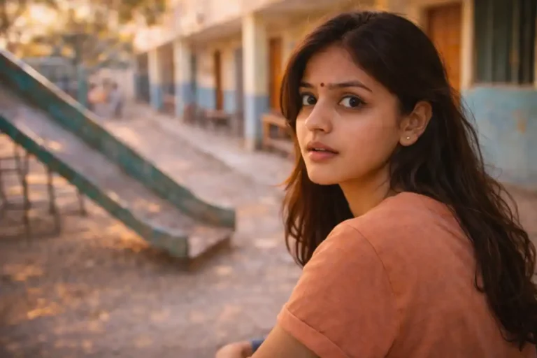 బస్సు కిటికీ దగ్గర కూర్చొని బయట రద్దీని చూస్తూ, అద్దంలో తన ప్రతిబింబాన్ని గమనిస్తున్న యువతి