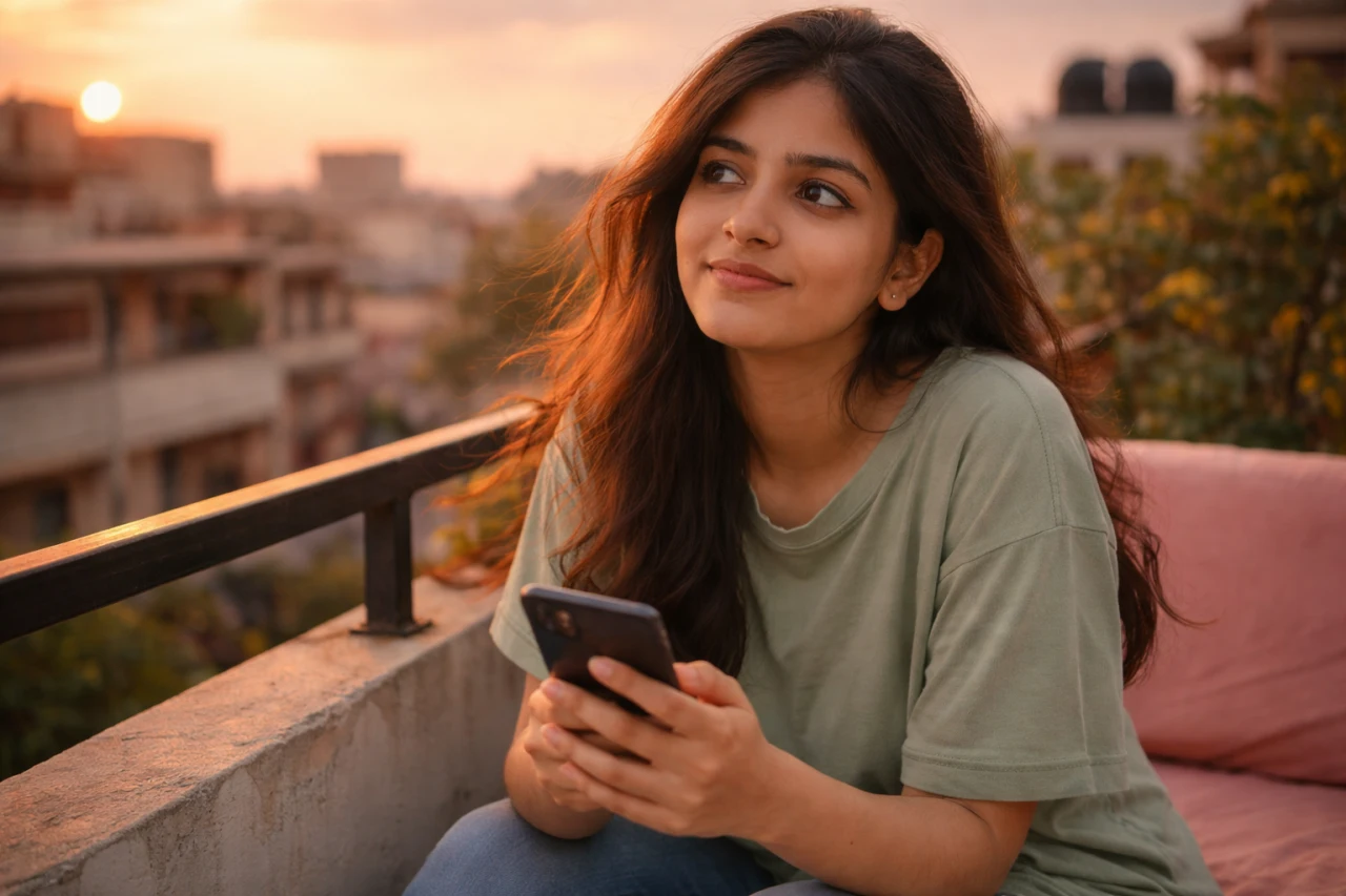 సాయంత్రపు వెలుతురులో బాల్కనీలో కూర్చొని ఫోన్ పట్టుకుని, దూరాన్ని చూస్తూ ఆలోచనల్లో తేలుతున్న యువతి