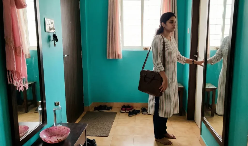 ఆఫీస్కు బయల్దేరే ముందు అద్దం దగ్గర నిలబడి, బ్యాగ్ పట్టుకుని సంకోచంతో తలుపు వైపు చూస్తున్న మహిళ