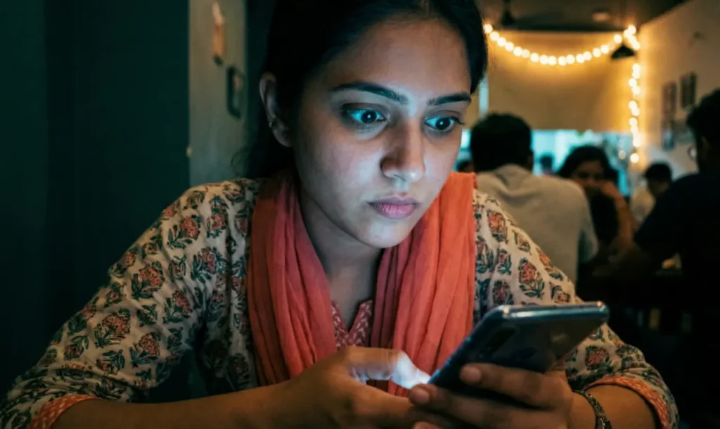 రూఫ్టాప్ కేఫేలో బెంచ్పై ఒంటరిగా కూర్చొని, చుట్టూ నవ్వులు ఉన్నా దూరంగా చూస్తున్న యువతి