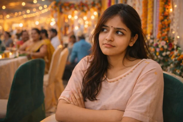 పెళ్లి వేడుకలో కూర్చొని చేతులు ముడుచుకుని, చుట్టూ ఉన్నవాళ్ల మాటలపై అసహన భావంతో చూస్తున్న యువతి