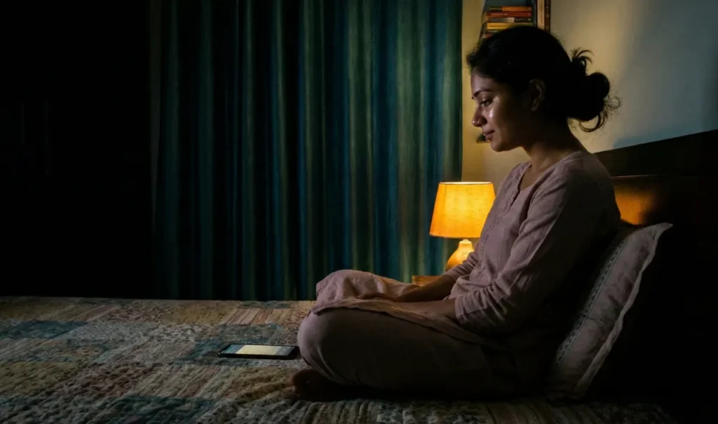 నైట్ ల్యాంప్ వెలుతురులో మంచంపై కూర్చొని, ఫోన్ వైపు చూస్తూ కన్నీటి అంచున ఆగిపోయిన మహిళ