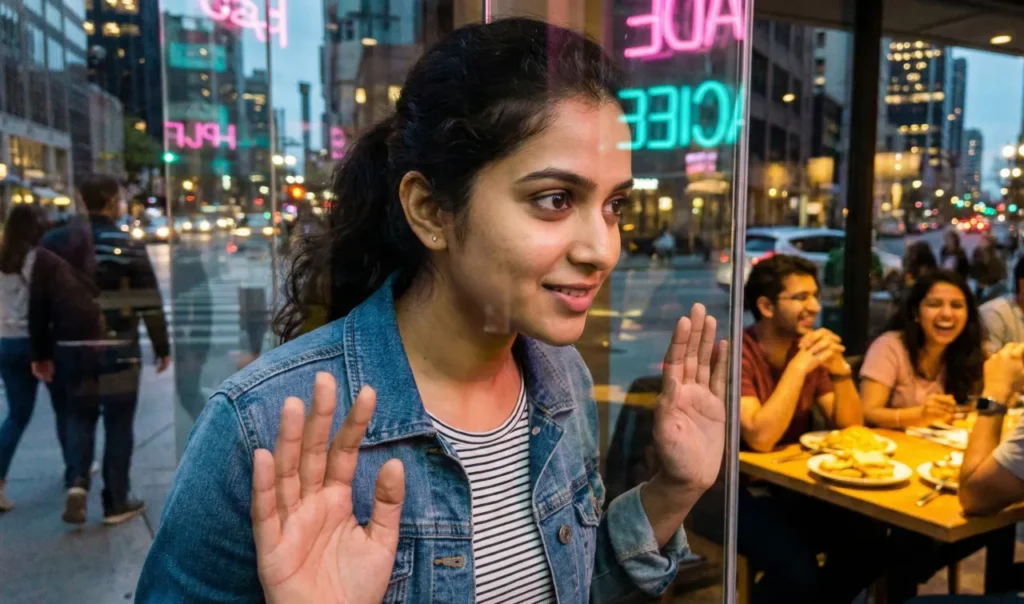 కాఫీ షాప్ గాజు గోడ దగ్గర చేతులు పైకి పెట్టి, లోపల ఉన్న ఆనందాన్ని బయట నుంచి చూస్తున్న యువతి