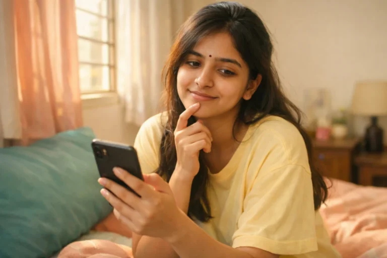 మంచంపై కూర్చొని ఫోన్ చూస్తూ, చిన్న చిరునవ్వుతో కానీ ఆలోచనల్లో మునిగిపోయిన యువతి