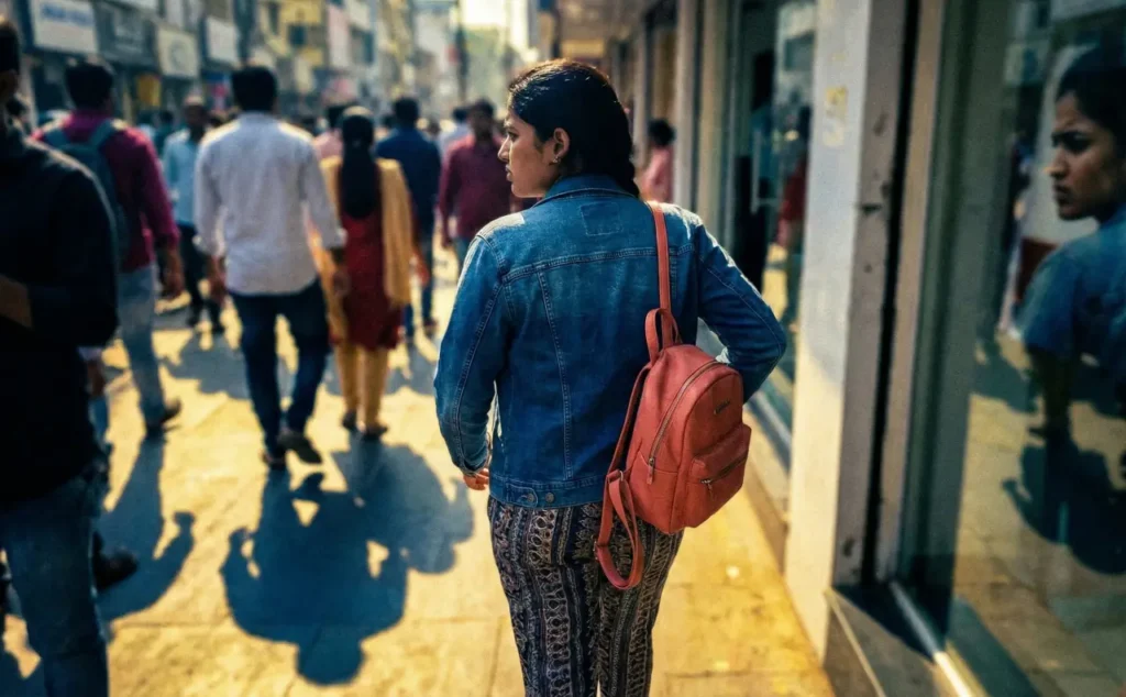 జనం గుంపులో నడుస్తూ, వెనుకకు చూస్తూ, భుజాలపై కనిపించని భారంలా రహస్యాన్ని మోస్తున్న మహిళ