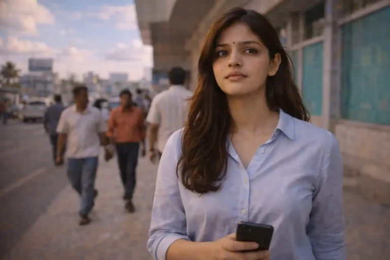 వీధిలో నడుచుకుంటూ చేతిలో ఫోన్ పట్టుకుని, చుట్టూ జనసందడిలోనూ తాను ఎవరో ఆలోచిస్తున్న యువతి