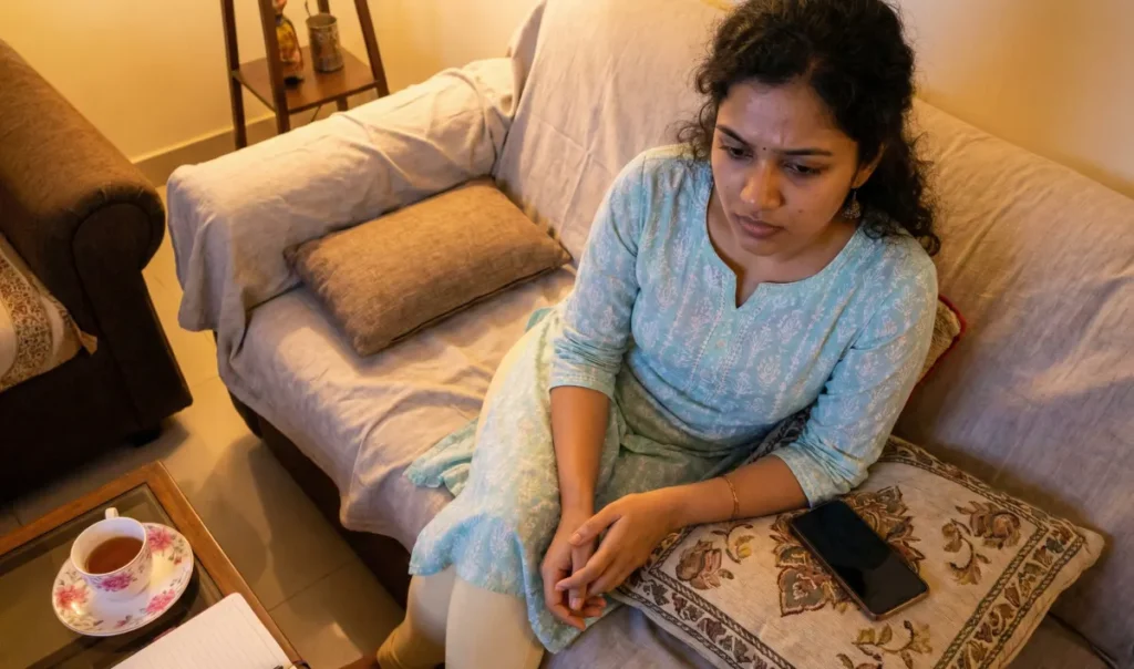 సోఫాపై కూర్చొని చేతులు ముడుచుకుని, లోపల దాచుకున్న ఆలోచనలతో గంభీరంగా ఉన్న మహిళ