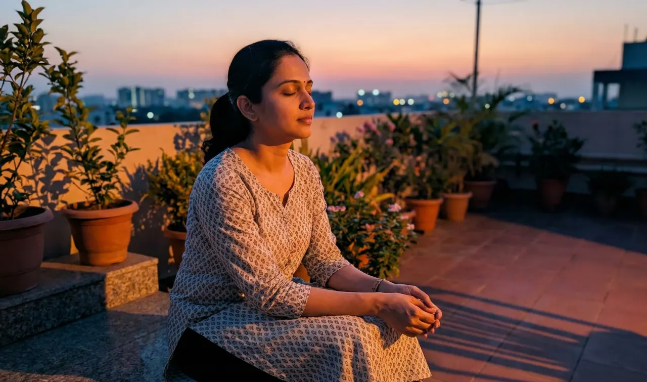 టెర్రస్ మీద కూర్చొని కళ్ళు మూసుకుని, శ్వాసను నెమ్మదిగా సర్దుకుంటూ ప్రశాంతతను వెతుకుతున్న మహిళ