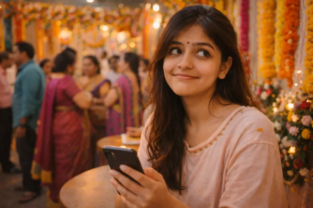 వివాహ వేదిక వద్ద ఫోన్ చేతిలో పెట్టుకుని, చుట్టూ ఉన్న జనాల మధ్య కొంచెం తడబడిన చిరునవ్వుతో ఉన్న యువతి