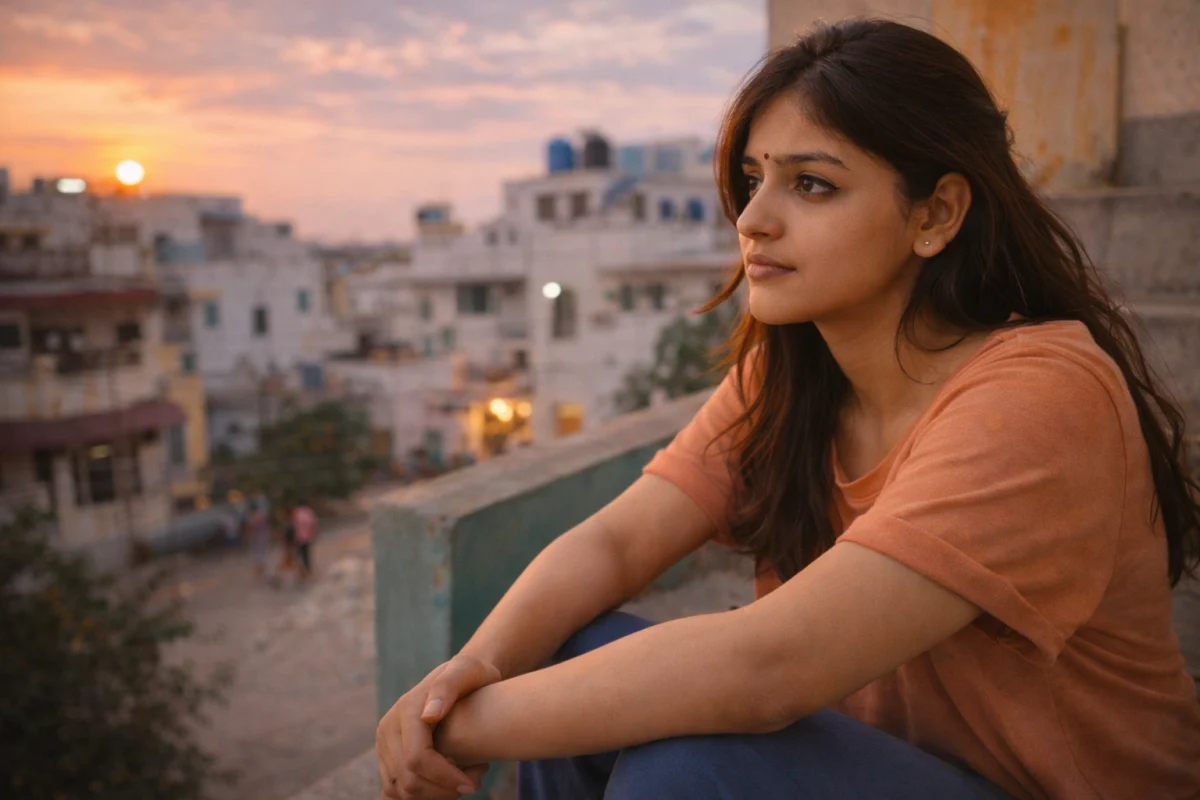 టెర్రస్ మీద కూర్చొని చేతులు ముడుచుకుని, అస్తమిస్తున్న సూర్యుడిని చూస్తూ లోతైన ఆలోచనలో ఉన్న యువతి