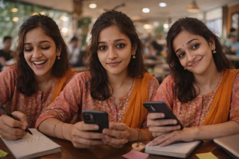 నోట్స్ రాస్తూ, ఫోన్ చూస్తూ, వివిధ భావాలతో కూర్చున్న ఒకే యువతి మూడు మూడ్స్‌లో కనిపిస్తున్న దృశ్యం